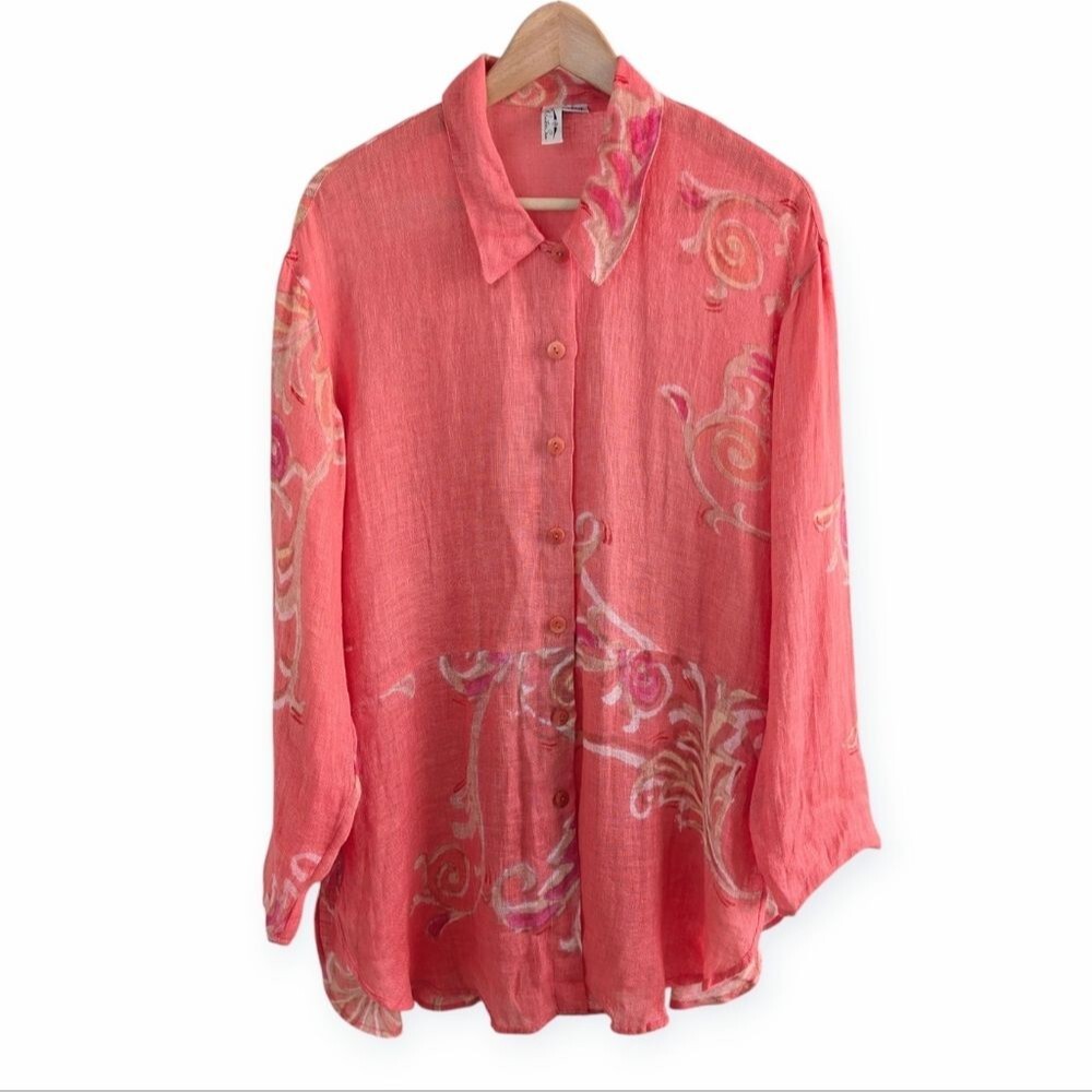Winter Sun Art to Wear Linen Coral Button-Up Tunic Top Small Lagenlook